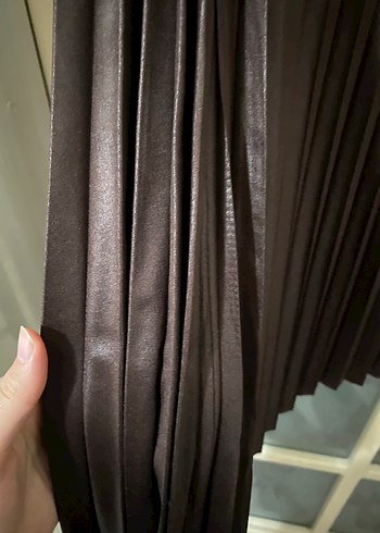 Deri Pilili Midi Kahverengi Kadın Etek - Görsel 2