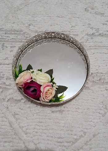 Gri Çiçek Detaylı Yuvarlak Ayna damat kahve tepsisi