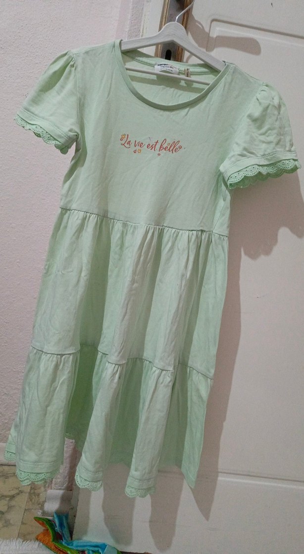 Yeşil Pamuklu Kız Çocuk Fırfırlı Elbise - Görsel 2