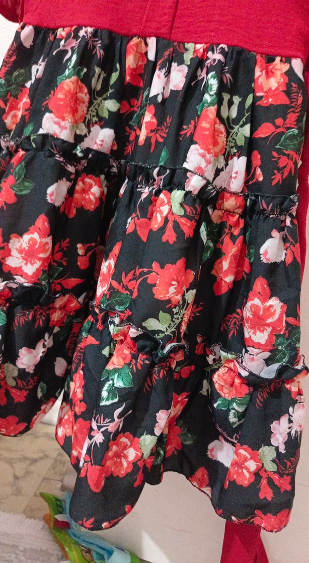 Kız Çocuk Kırmızı Çiçekli Fırfırlı Elbise - Görsel 3