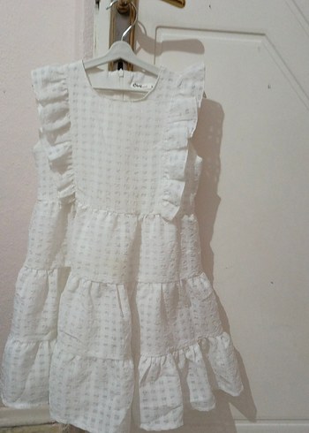 Beyaz Fırfırlı Kız Çocuk Keten Elbise - Görsel 2