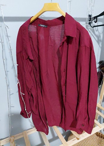 Bordo Keten Oversize Kadın Gömlek