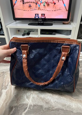 Kahverengi Tokalı Lacivert Deri Kadın Çanta - Görsel 5