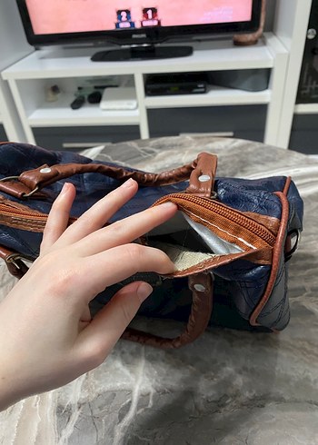 Kahverengi Tokalı Lacivert Deri Kadın Çanta - Görsel 3