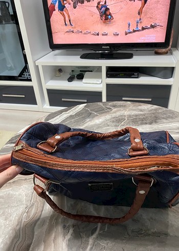 Kahverengi Tokalı Lacivert Deri Kadın Çanta - Görsel 4