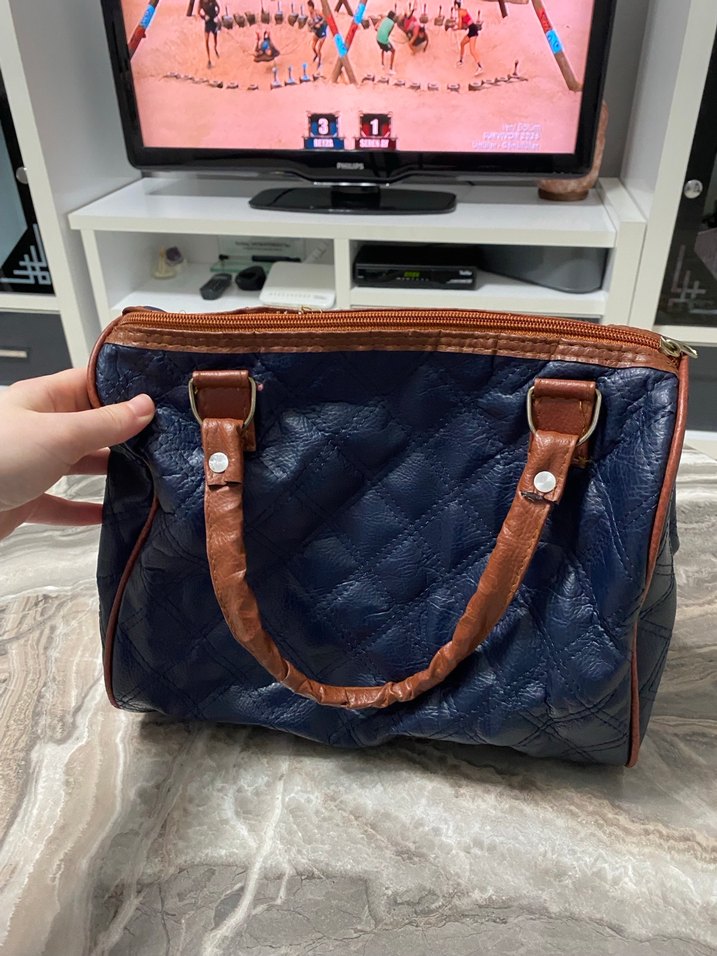 Kahverengi Tokalı Lacivert Deri Kadın Çanta - Görsel 5