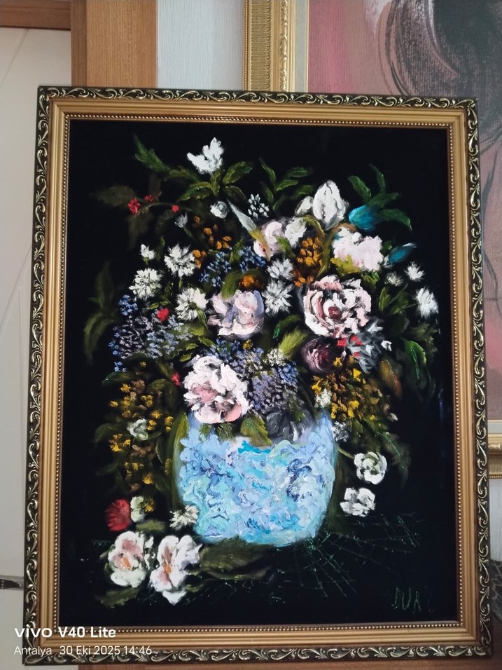 El yapimi kadife kumas uzerine yagli boya  tablo - Görsel 2