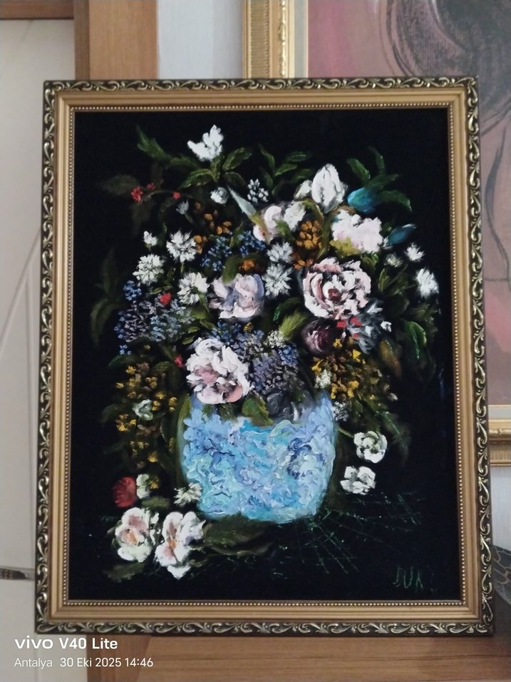 El yapimi kadife kumas uzerine yagli boya  tablo - Görsel 3