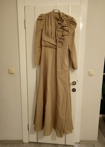 Bej Vintage Keten Uzun Elbise