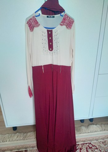 Bohem Uzun Kollu Bordo elbise buz kumaş - Görsel 3