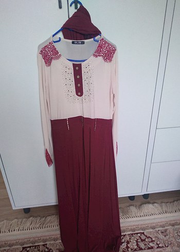 Bohem Uzun Kollu Bordo elbise buz kumaş - Görsel 5