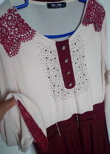 Bohem Uzun Kollu Bordo elbise buz kumaş - Görsel 2