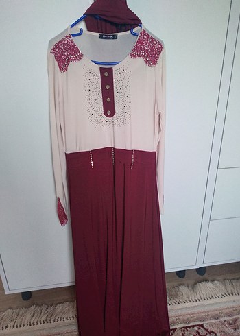 Bohem Uzun Kollu Bordo elbise buz kumaş - Görsel 4