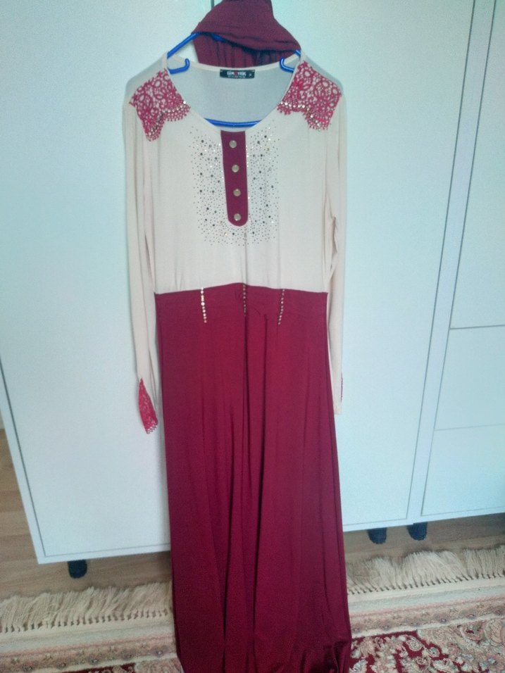 Bohem Uzun Kollu Bordo elbise buz kumaş - Görsel 3