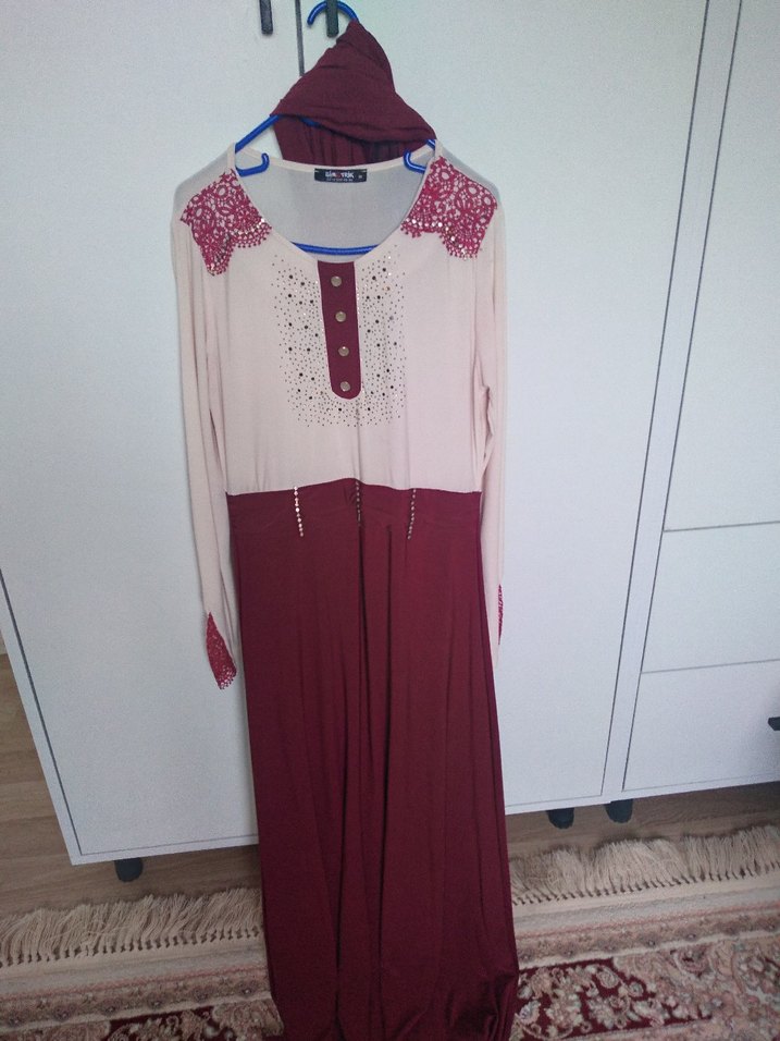 Bohem Uzun Kollu Bordo elbise buz kumaş - Görsel 5