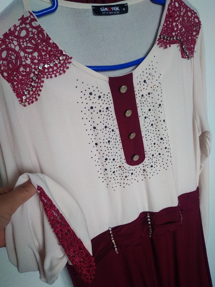 Bohem Uzun Kollu Bordo elbise buz kumaş - Görsel 2