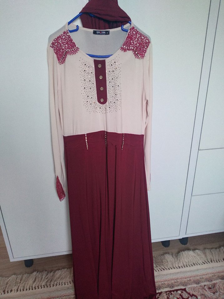 Bohem Uzun Kollu Bordo elbise buz kumaş - Görsel 4