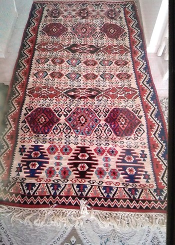 Koyu Tonlu Çok Renkli Desenli Halı kök boyası hakiki el dokumasi - Görsel 2