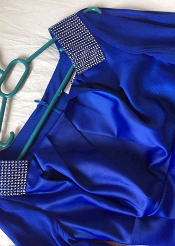 Uzun Kollu Mavi Drapeli Abiye Elbise - Görsel 3