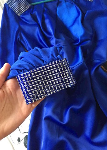 Uzun Kollu Mavi Drapeli Abiye Elbise - Görsel 5