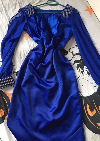 Uzun Kollu Mavi Drapeli Abiye Elbise - Görsel 6