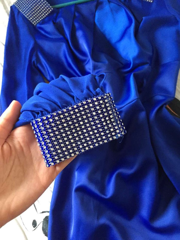 Uzun Kollu Mavi Drapeli Abiye Elbise - Görsel 5