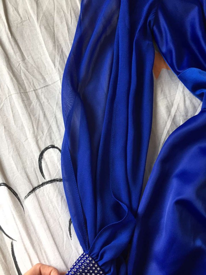 Uzun Kollu Mavi Drapeli Abiye Elbise - Görsel 2