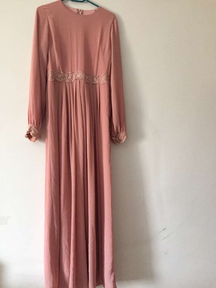 Pudra Pembe Vintage Uzun Elbise - Görsel 4