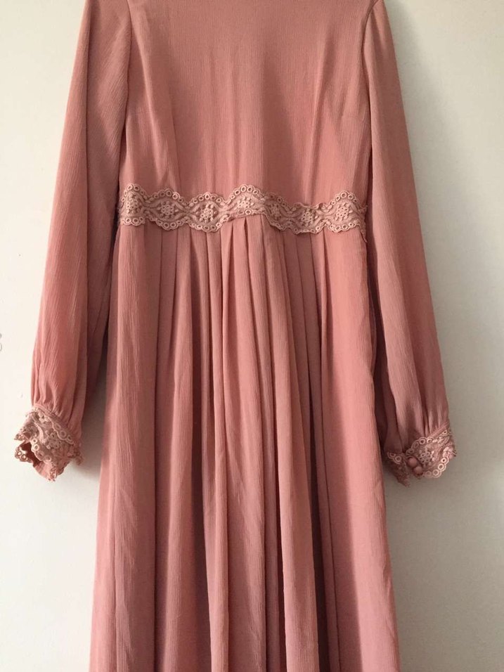 Pudra Pembe Vintage Uzun Elbise - Görsel 3