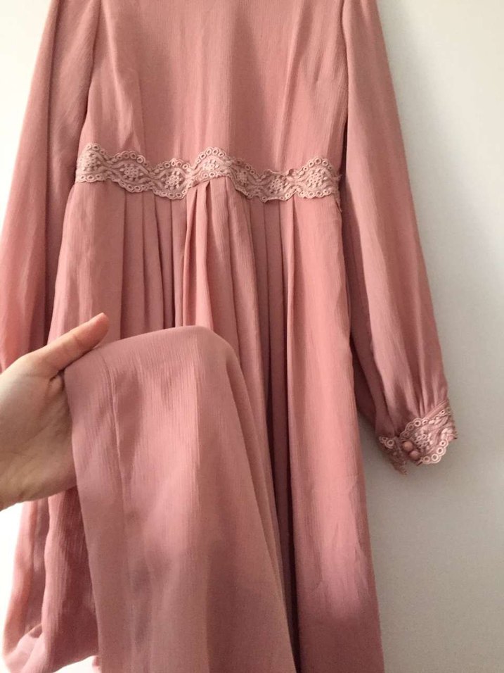 Pudra Pembe Vintage Uzun Elbise - Görsel 2