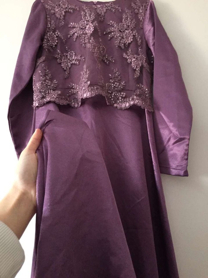 Mor Nakışlı Uzun Kollu Abiye Elbise - Görsel 2