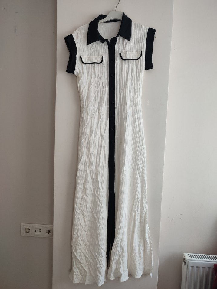 Düğmeli gömlek Yakalı Beyaz Elbise - Görsel 2