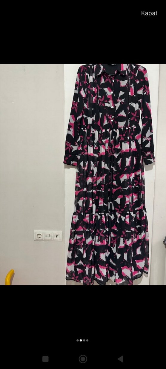 Pembe Pilili Uzun Bağlamalı Elbise - Görsel 3