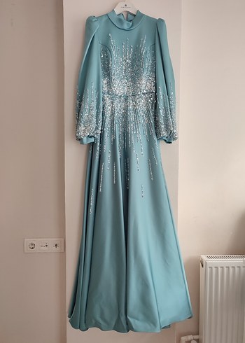 Uzun Kollu Turkuaz İşlemeli Abiye Elbise - Görsel 2