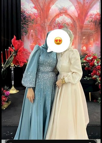 Uzun Kollu Turkuaz İşlemeli Abiye Elbise - Görsel 5