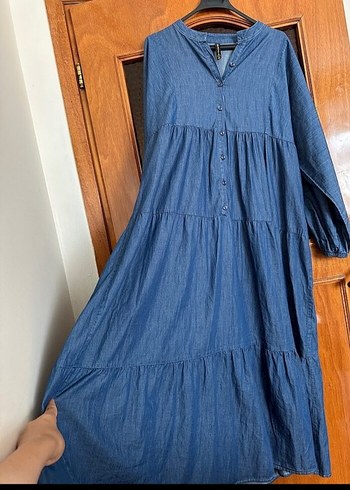 Etiketli Mavi Uzun Kot Elbise - Görsel 5