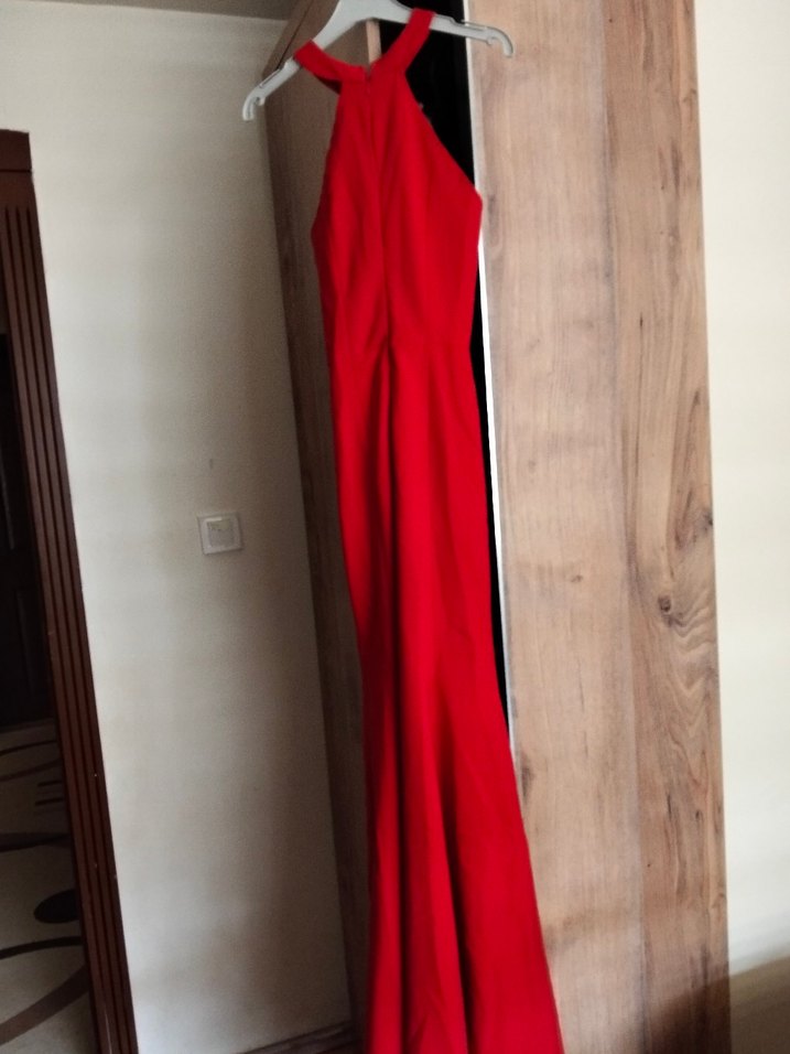 Kırmızı Drapeli Uzun Abiye Elbise - Görsel 2