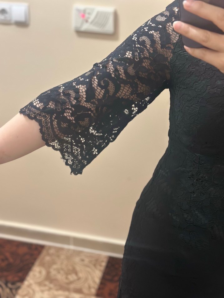 Güpür Siyah Midi Gotik Elbise - Görsel 3