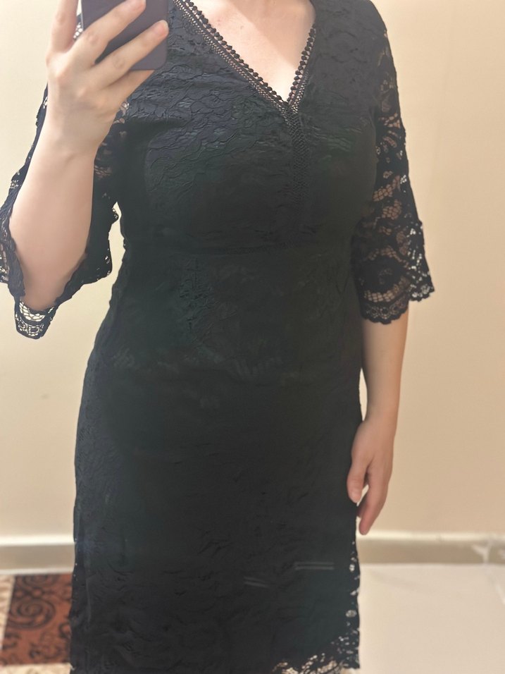 Güpür Siyah Midi Gotik Elbise - Görsel 4