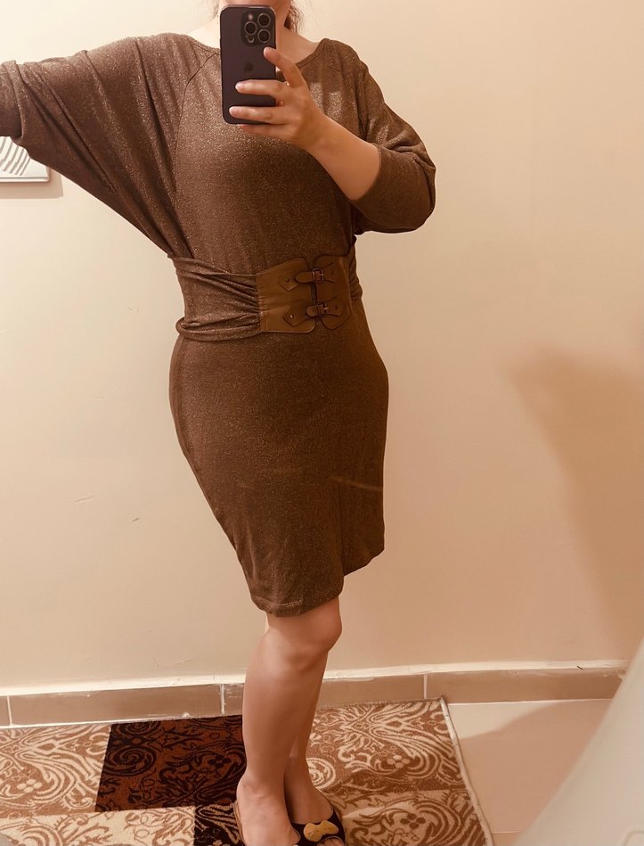 Kahverengi Kemerli Kadın Simli Gece Elbise - Görsel 3