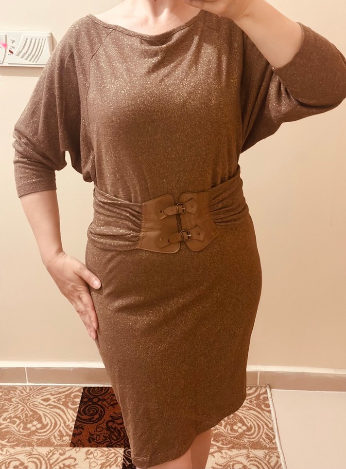 Kahverengi Kemerli Kadın Simli Gece Elbise - Görsel 4