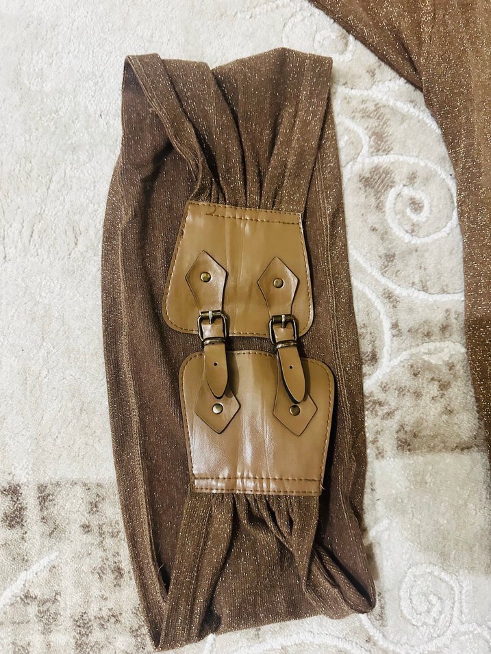 Kahverengi Kemerli Kadın Simli Gece Elbise - Görsel 5