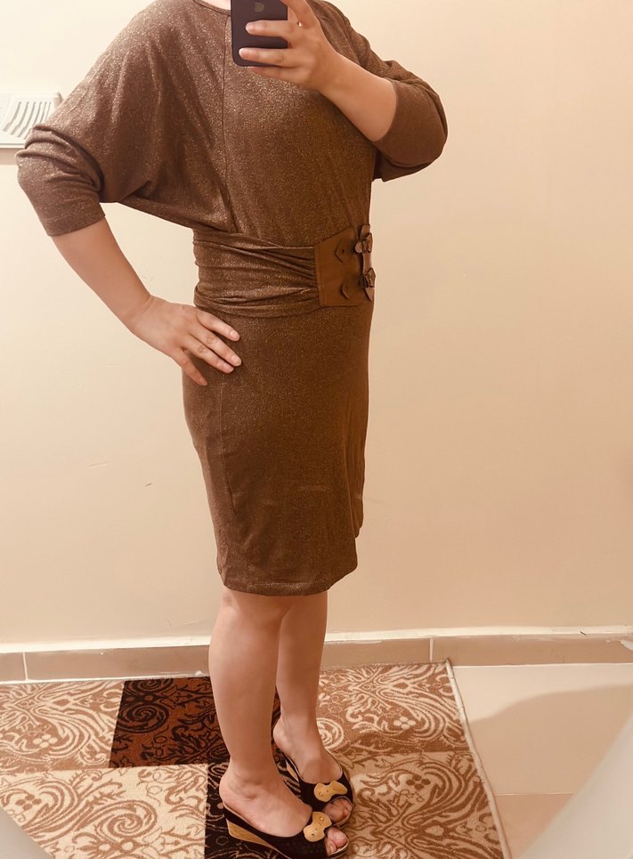 Kahverengi Kemerli Kadın Simli Gece Elbise - Görsel 2