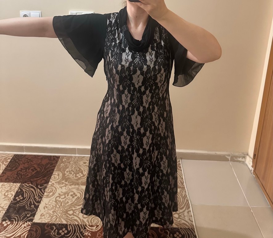 Dantel Detaylı Siyah Midi Gotik Elbise - Görsel 2