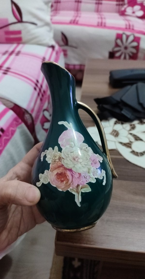 wintage Koyu yeşili Çiçek Desenli Vazo - Görsel 2