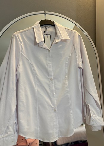 Düğmeli Beyaz Kadın uzun Kollu Gömlek belden oturtmalı - Görsel 2