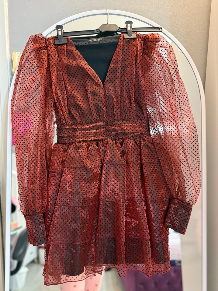 Bordo Kemerli Mini Yılan Desenli Abiye Elbise - Görsel 3