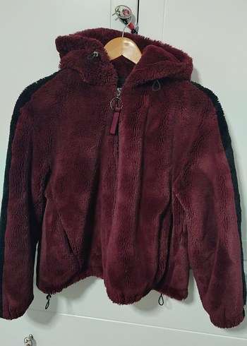 Bershka Bordo Kapüşonlu Peluş Kadın Ceket