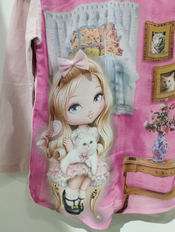 Kız Çocuk Pembe Uzun Kollu Baskılı Tişört - Görsel 2