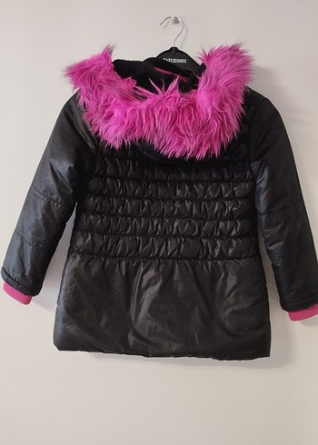 Kız Çocuk Siyah Mont, Pembe Kürk Kapüşonlu - Görsel 2